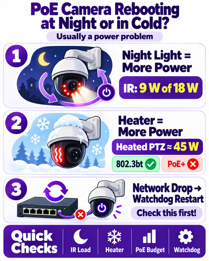 Infographic: PoE camera rebooting at night or in cold. 1) IR night light raises power draw (IR: 9 W of 18 W). 2) Heated PTZ needs about 45 W, so 802.3bt, not PoE+. 3) A network drop can trigger the PoE watchdog to restart the camera, so check it first.