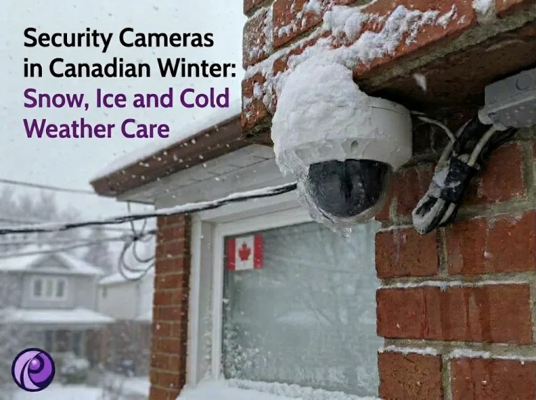 Hikvision security camera covered in snow and ice on a brick wall in Canadian winter