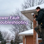 Technician on a ladder testing a dome security camera with a PoE cable tester under a snowy roof