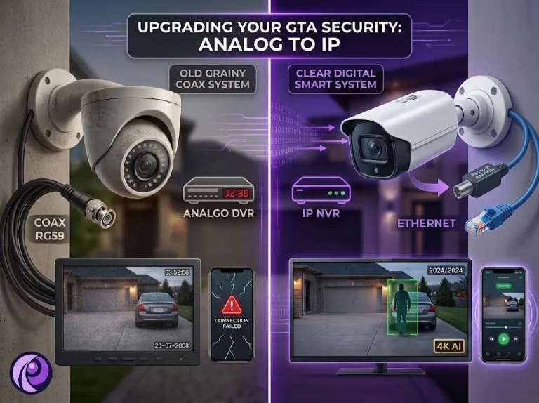 Infographic comparing legacy analog coaxial security camera systems with smart IP systems.