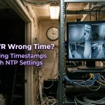 CCTV NVR monitor on a server rack displaying incorrect camera timestamps, with text overlay about fixing NVR wrong time using NTP settings.
